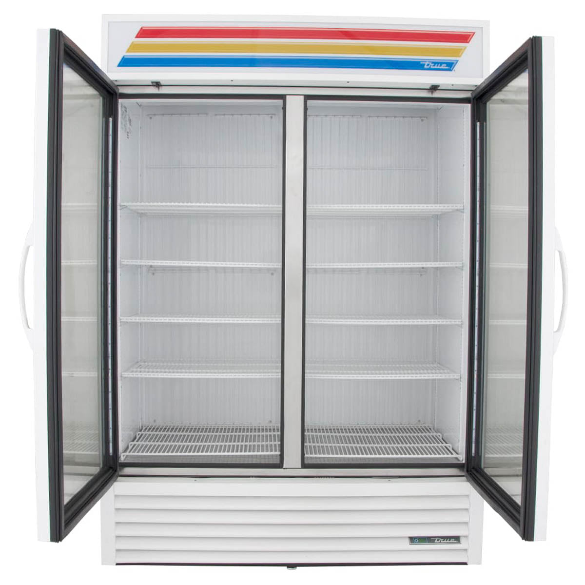 True GDM-49F-HC~TSL01 2-door glass door freezer, white exterior, doors open