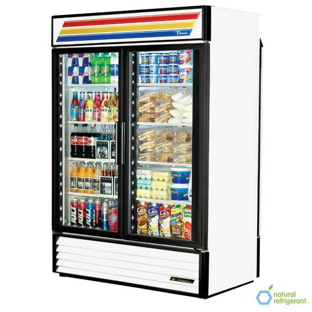 True GDM-49RL-HC~TSL01 2-door glass door merchandiser, white exterior, front angle view, stocked with product
