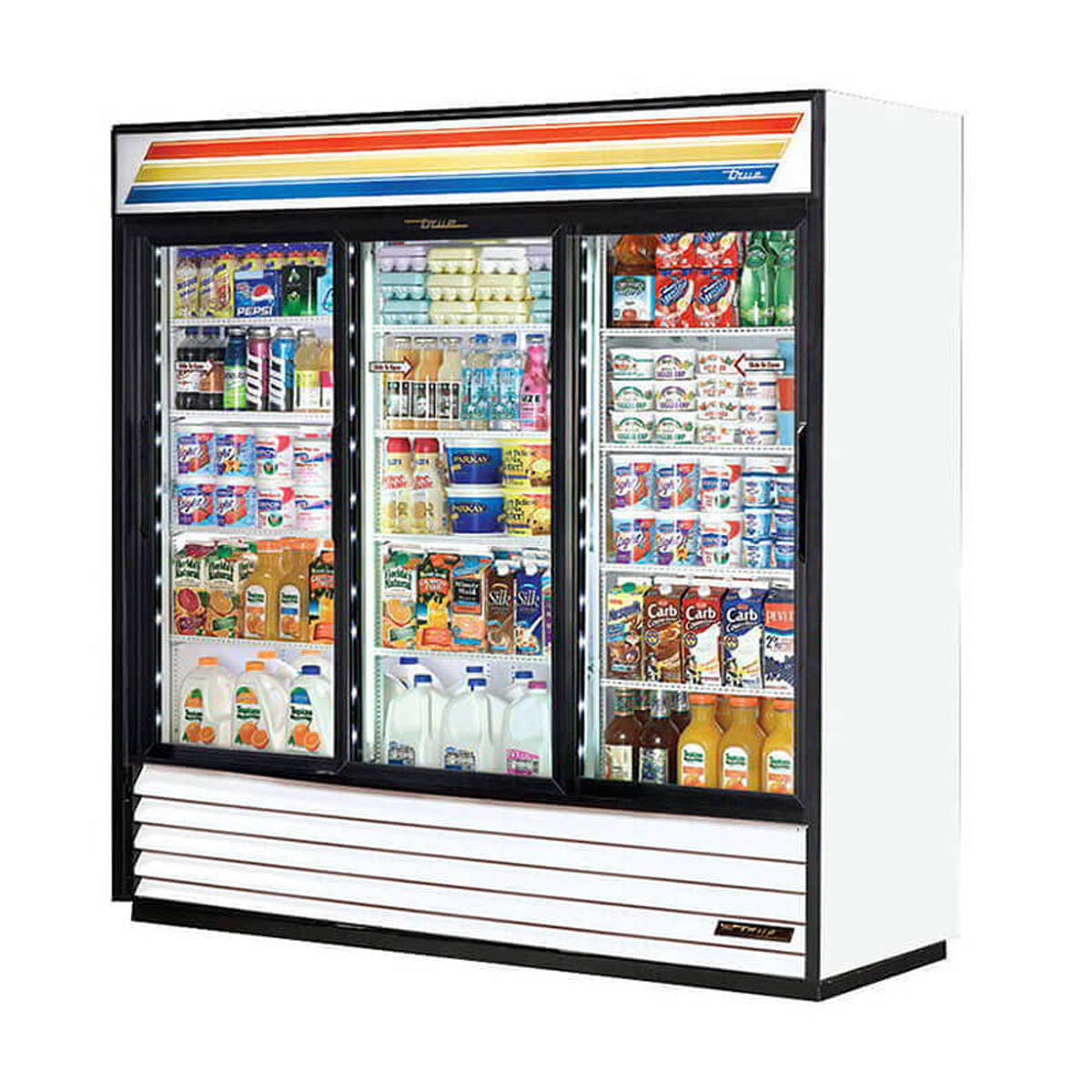 True GDM-69-HC-LD 3-door glass door merchandiser, white exterior, front angle view, stocked with product