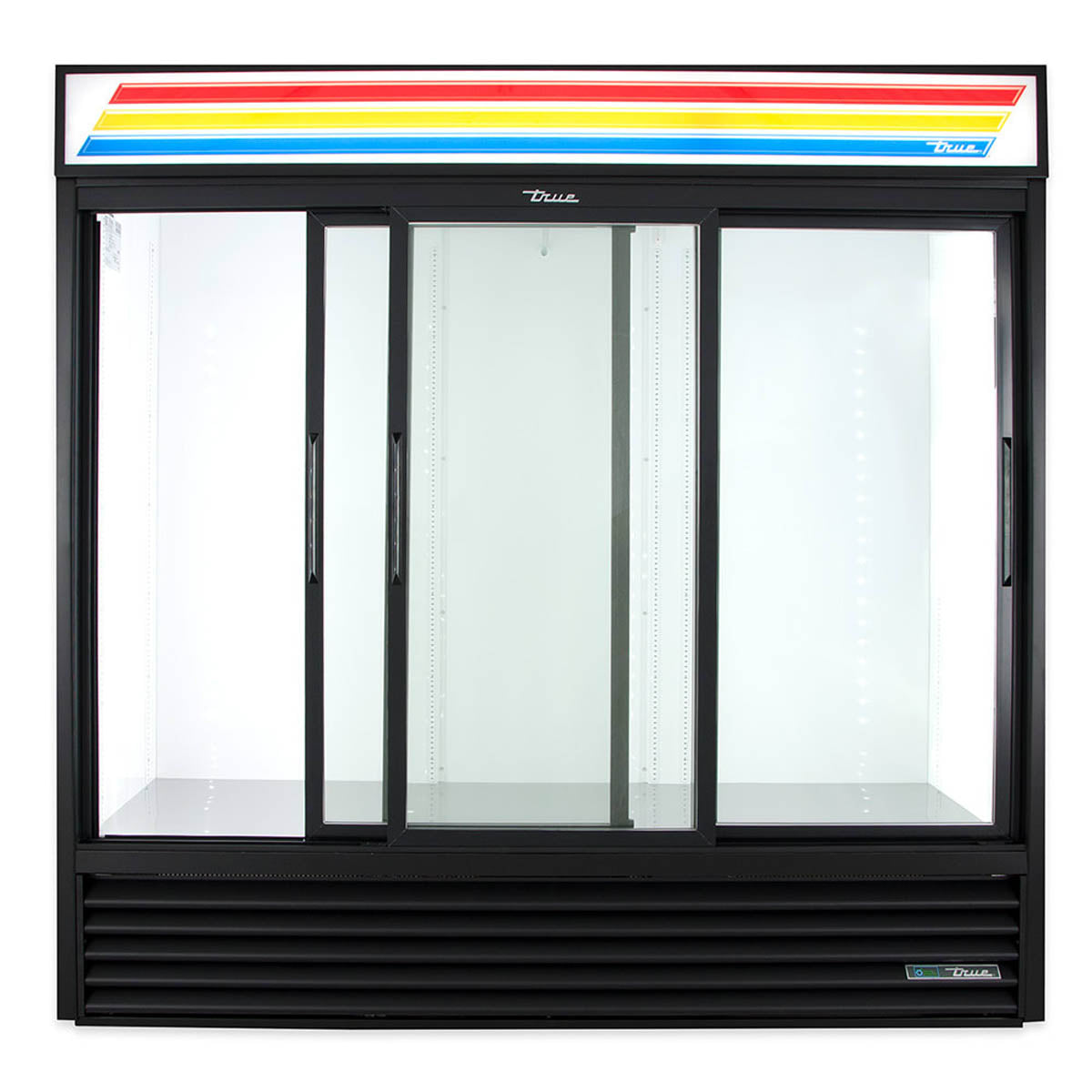 True GDM-69-HC-LD 3-door glass door merchandiser, black exterior, front view with a slide door open, empty
