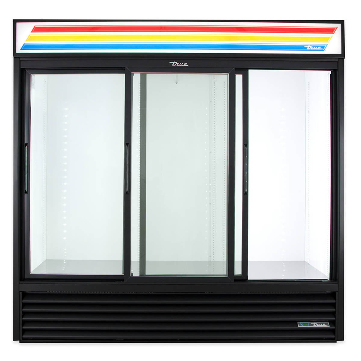 True GDM-69-HC-LD 3-door glass door merchandiser, black exterior, front view with a slide door open, empty