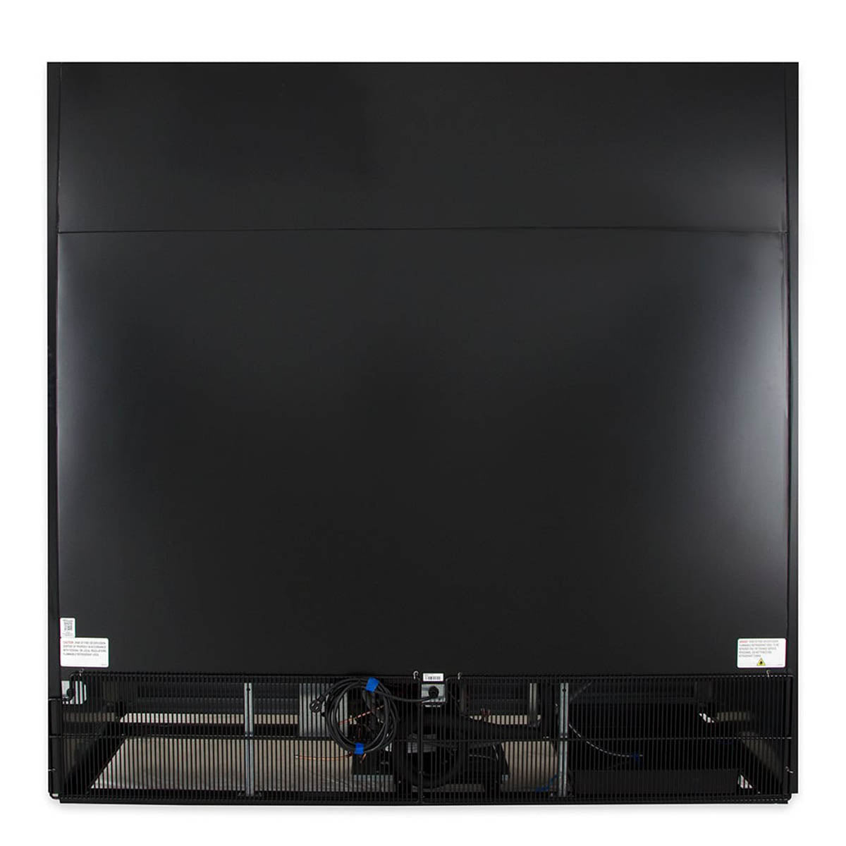 True GDM-69-HC-LD 3-door glass door merchandiser, black exterior, back view showing the condensing unit