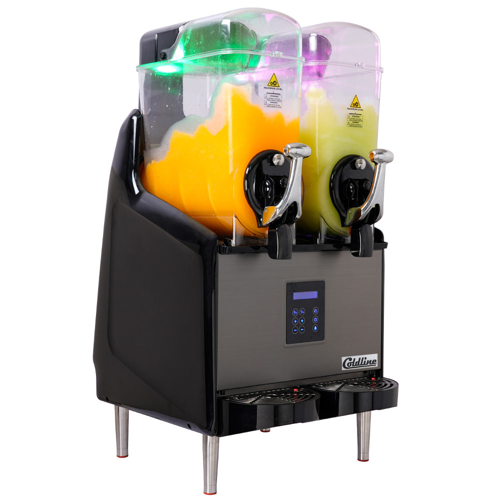 Coldline GRANITA-2X granita slush machine, angled front view with slush
