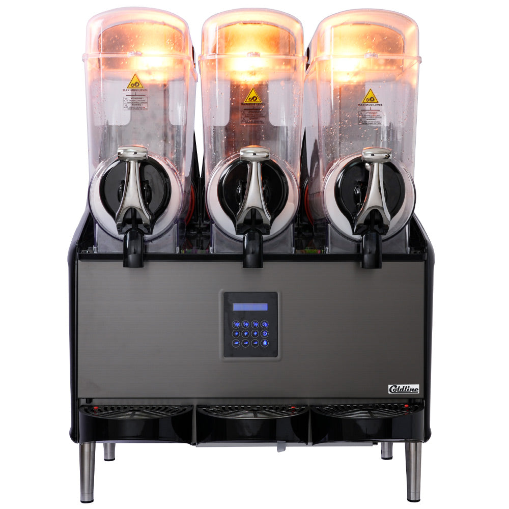 Coldline GRANITA-3X granita slush machine, angled front view, LED lighting
