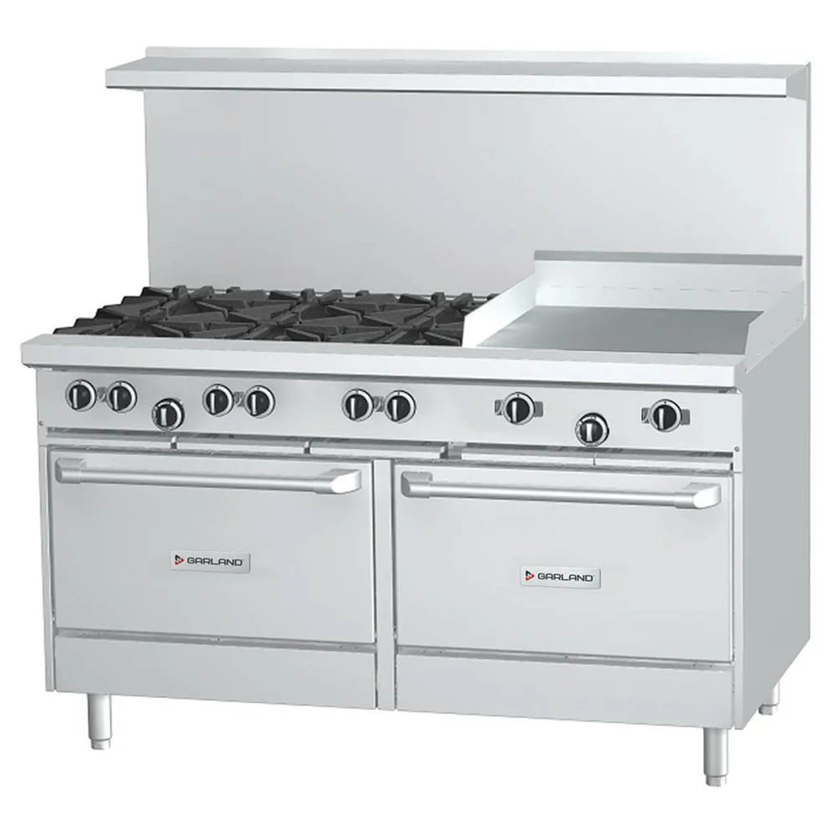 Garland US Range GF60-6G24RR 60" Gas Restaurant Range w/ (6) Open Burners, 24" Griddle, (2) Standard Ovens, 268.000 BTU