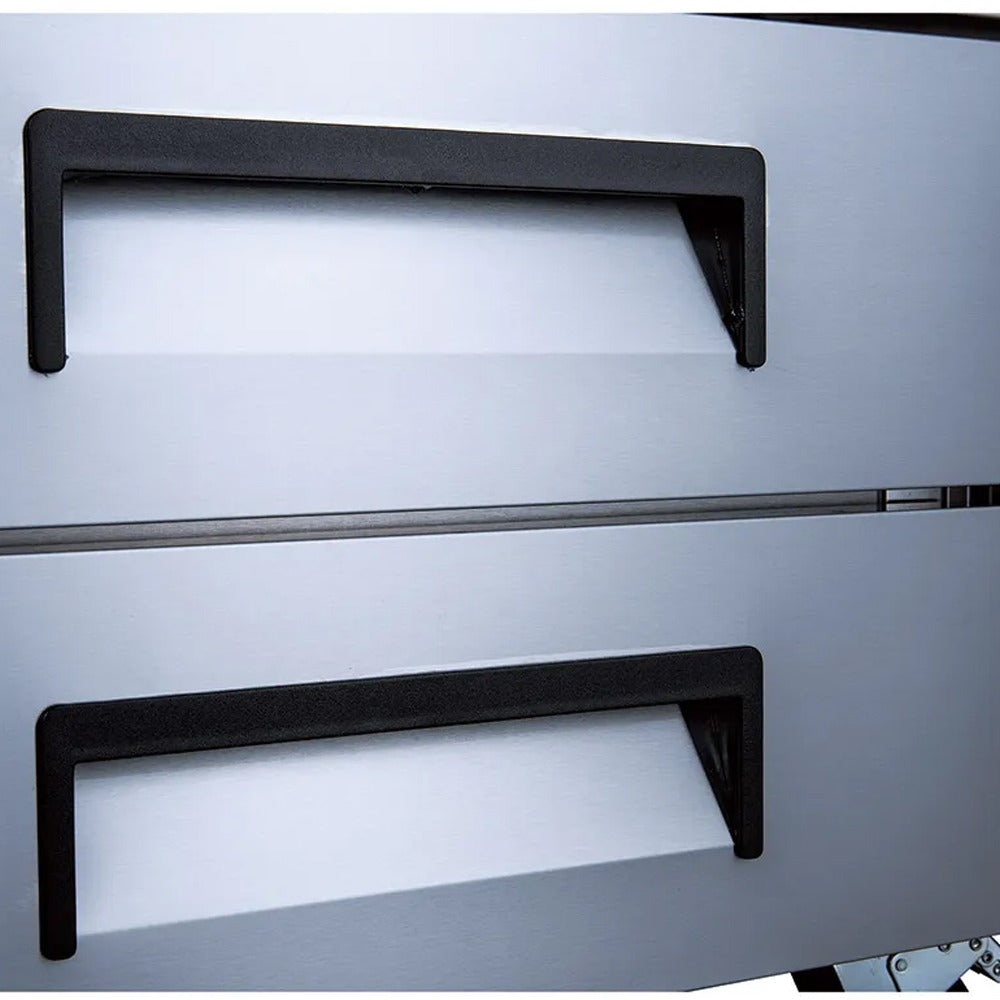 Coldline CB52 2-drawer refrigerated chef base, drawer pull handles, close-up