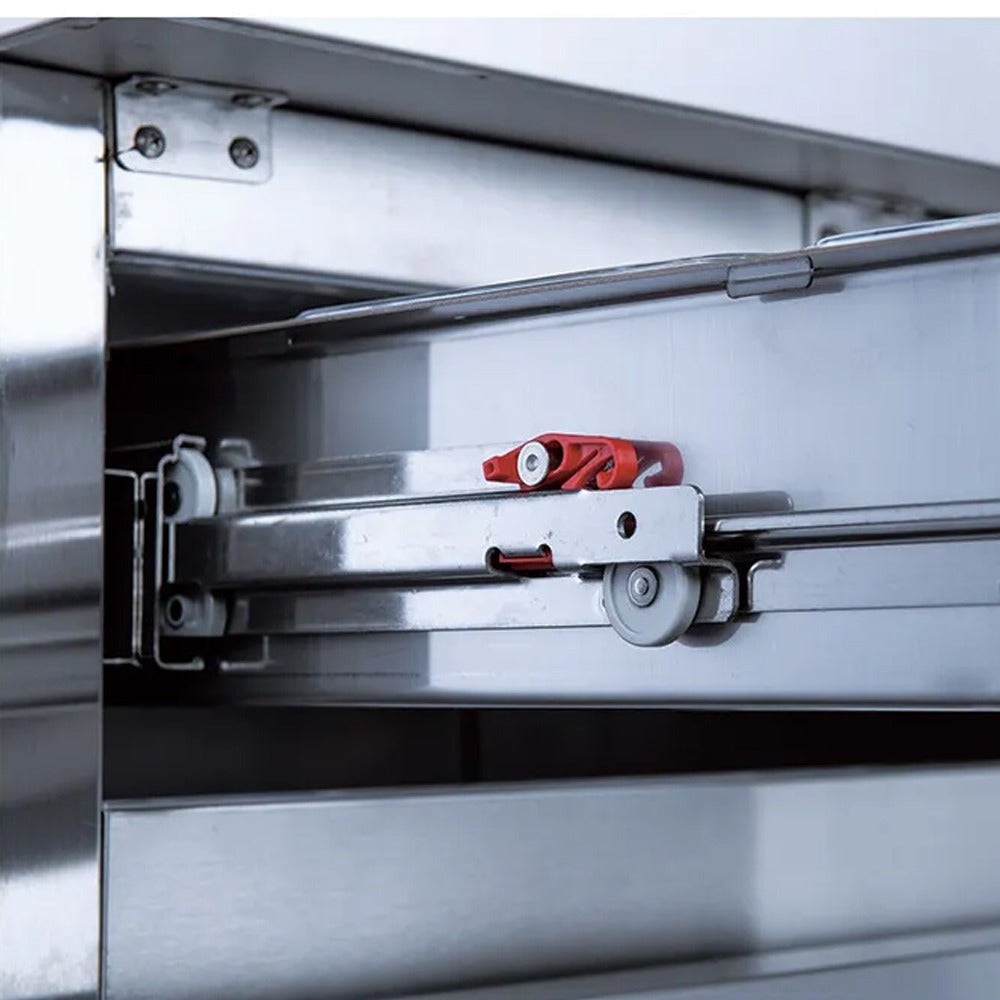 Coldline CB72 4-drawer refrigerated chef base, drawer slide and roller track, close-up