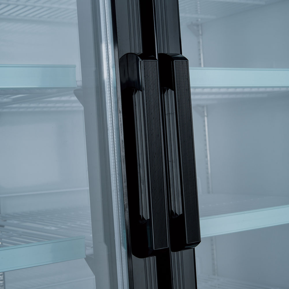 Coldline G48-B black glass door merchandiser refrigerator, close-up of the door handles