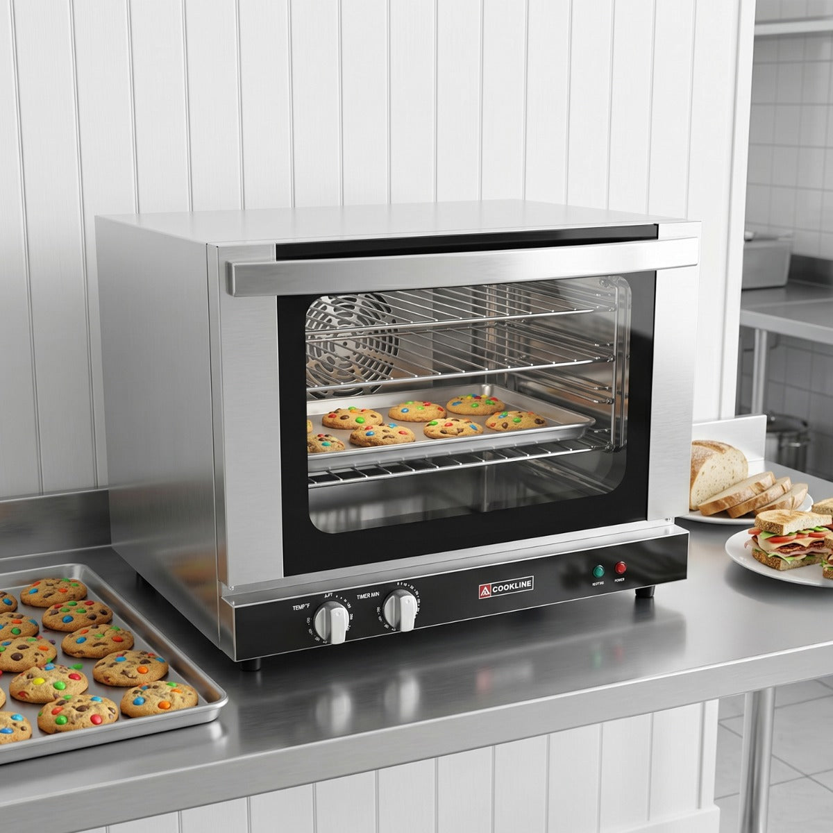 Cookline HCVE-16-120 half size countertop convection oven, in use on a counter with baked goods