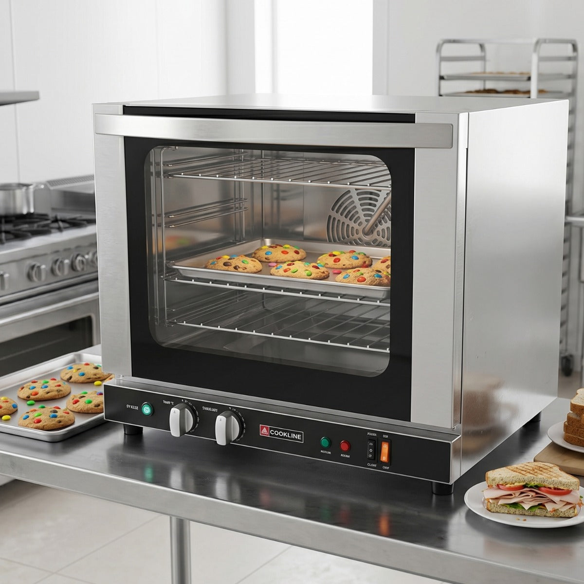 Cookline HCVE-32-240 half size countertop convection oven, in use on a counter with baked goods