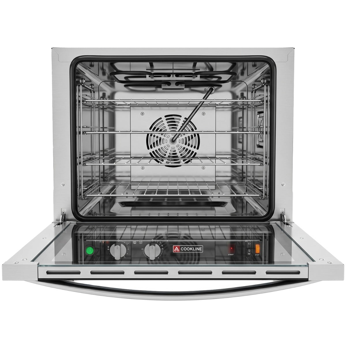 Cookline HCVE-32-240 half size countertop convection oven, door open showing 4 shelves