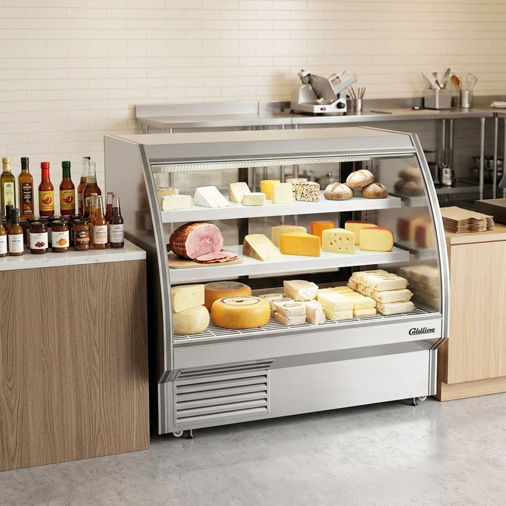 Coldline HDC60 60" Refrigerated Curved Glass High Meat Deli Case with Rear Storage