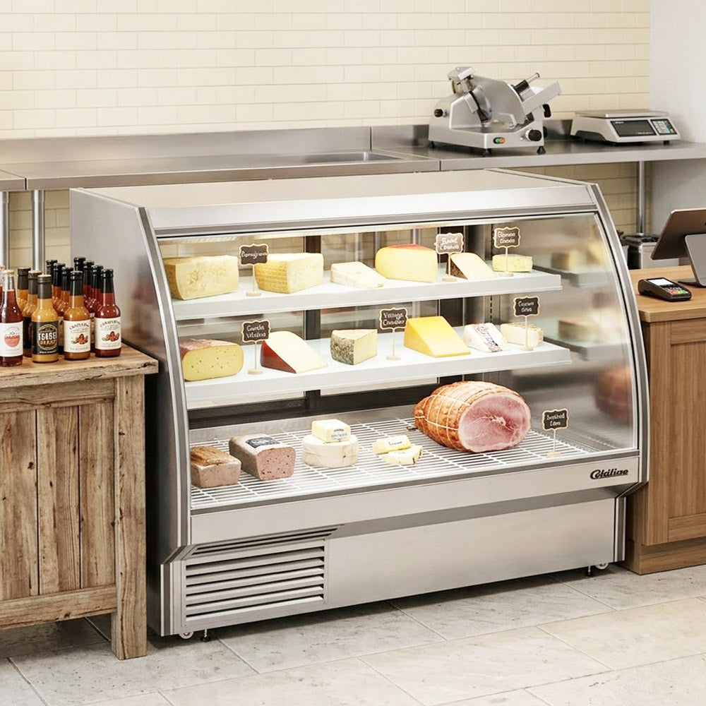 Coldline HDC72 curved glass refrigerated deli display case, in a deli setting (representative image)
