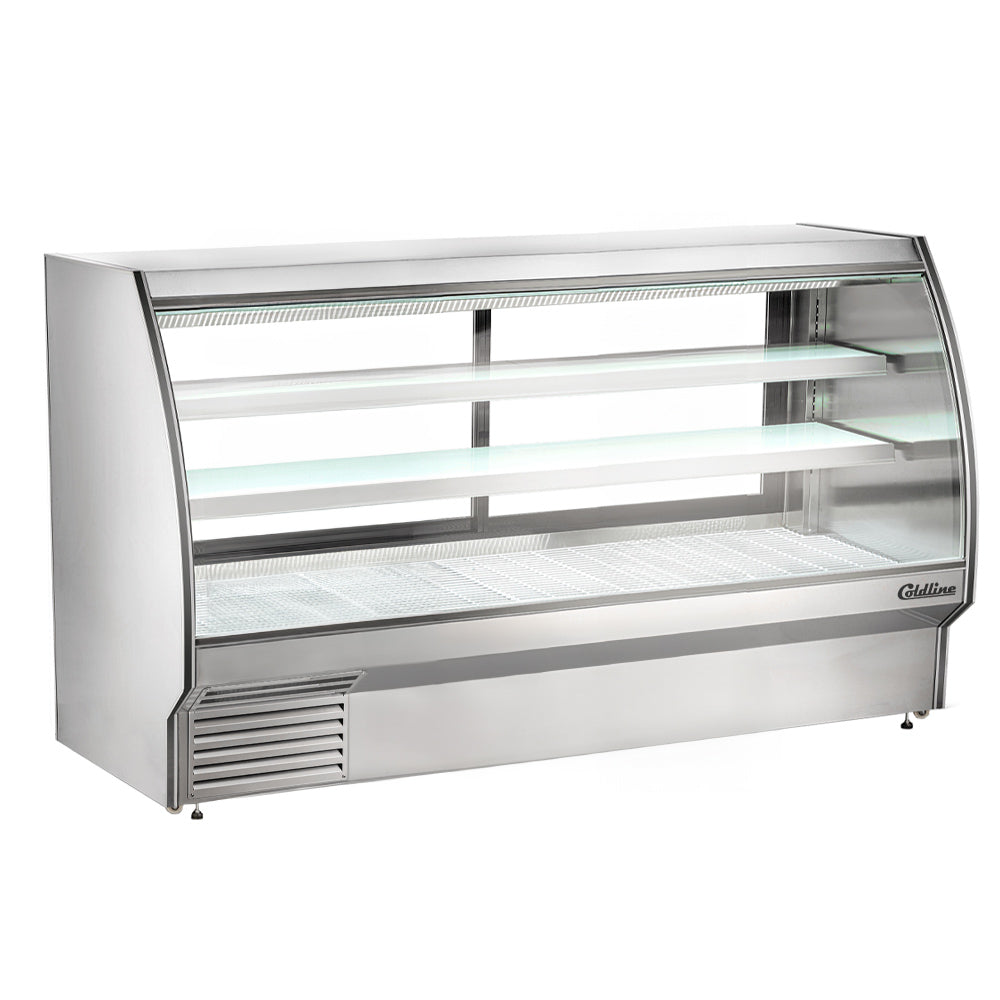 Coldline HDC84-F 84" Refrigerated Curved Glass Seafood Case with Built-in Drain and Rear Storage