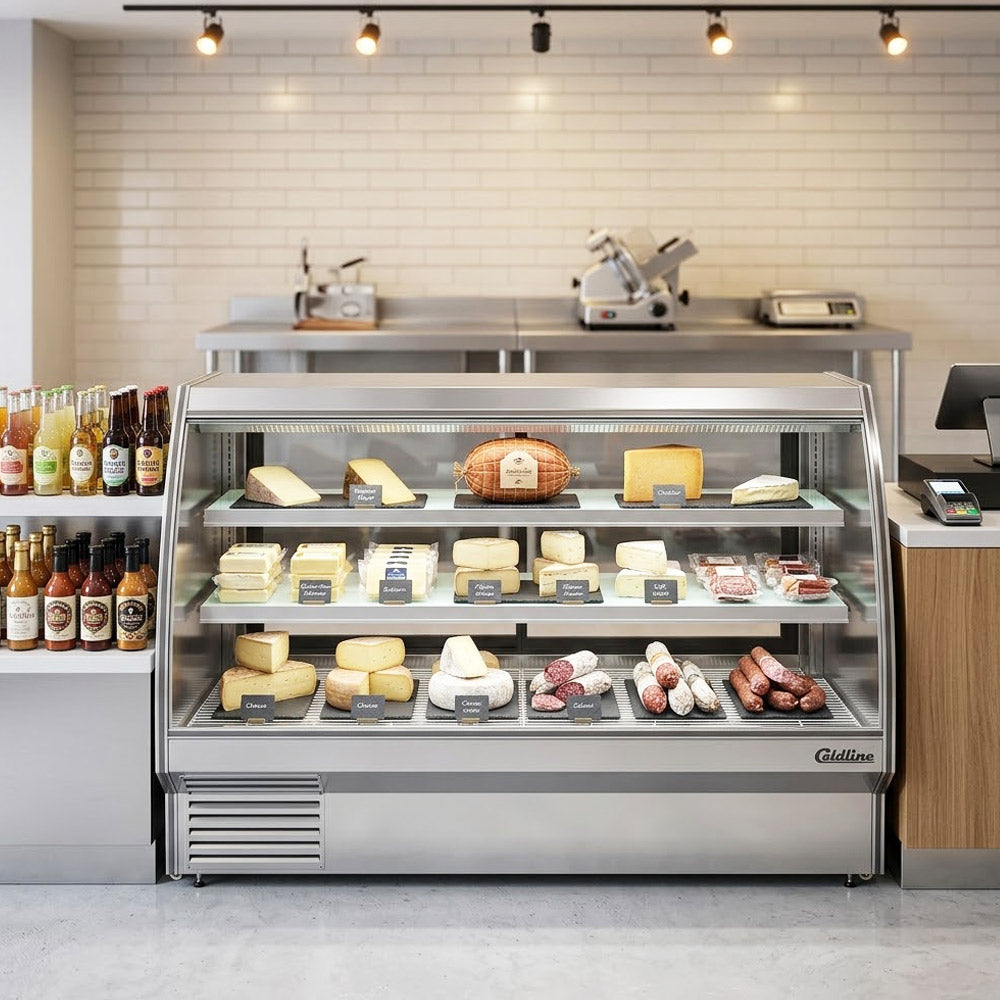 Coldline HDC84 curved glass refrigerated deli display case, in a deli setting (representative image)