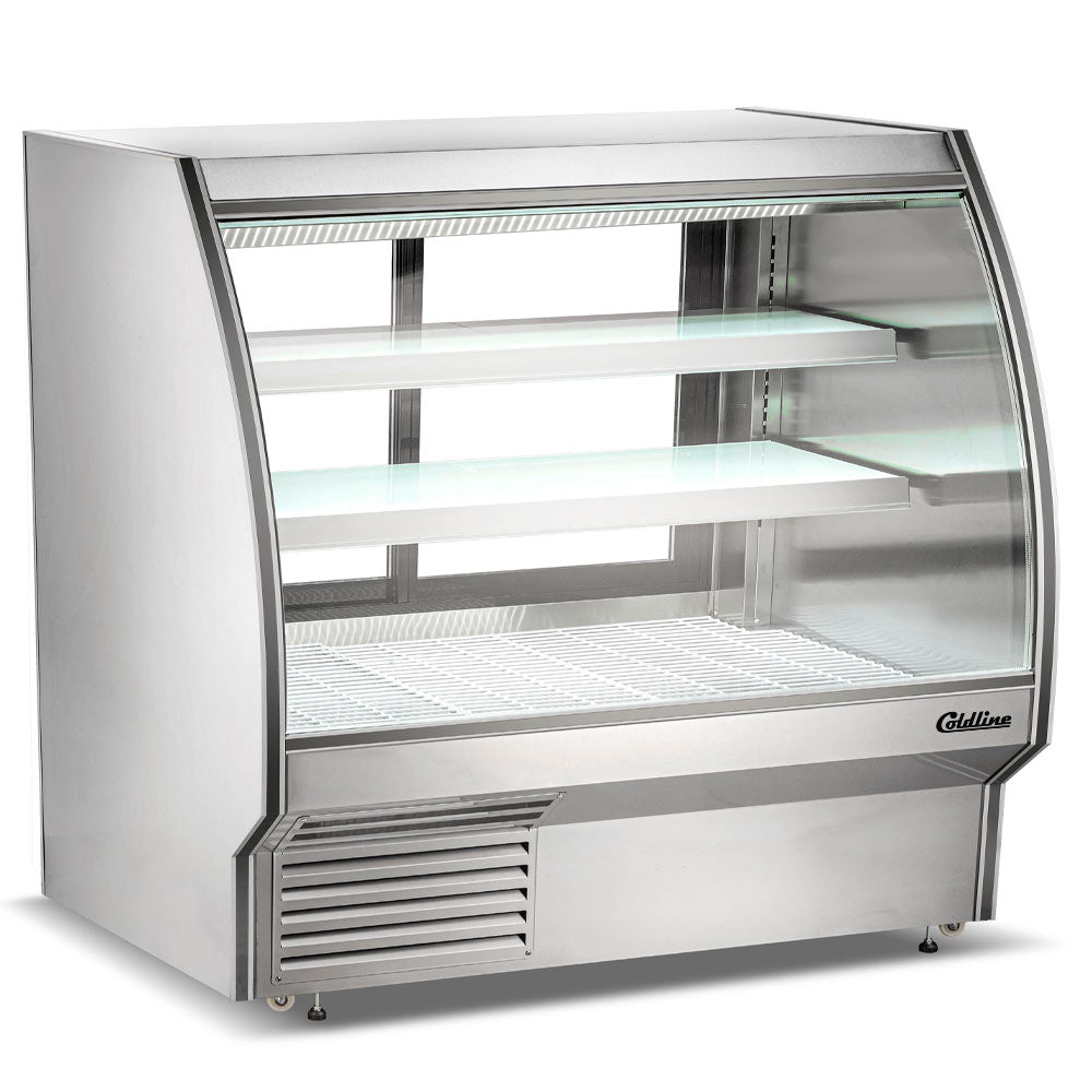 Coldline HDC60-F 60" Refrigerated Curved Glass Seafood Case with Built-in Drain and Rear Storage