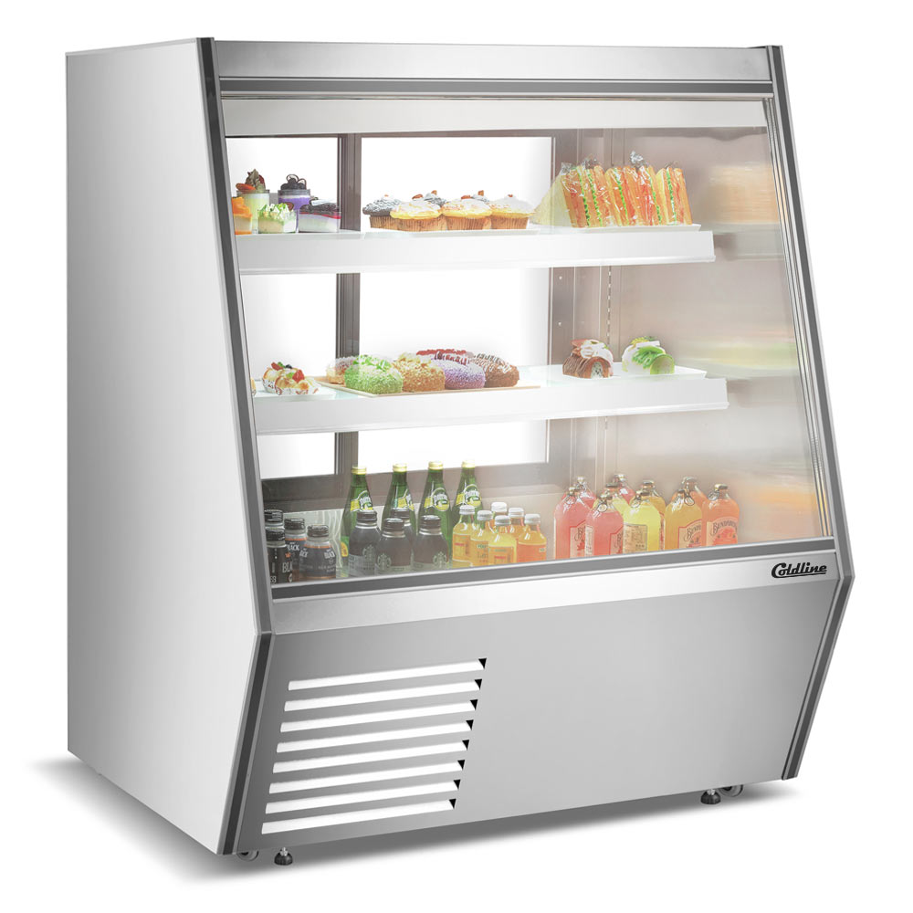 Coldline HDL48 slanted glass refrigerated deli display case, stocked, angled front view (representative image)