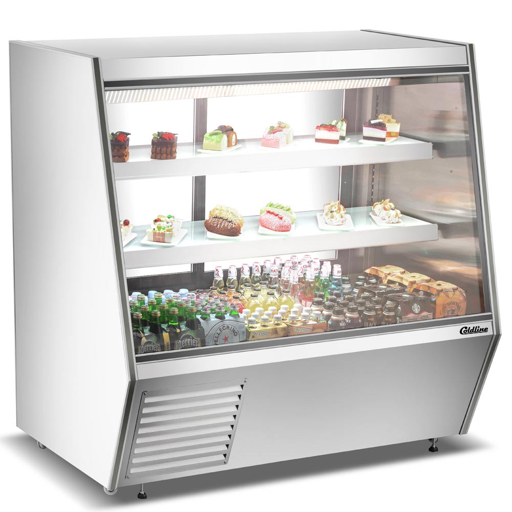 Coldline HDL60 slanted glass refrigerated deli display case, stocked, angled front view (representative image)