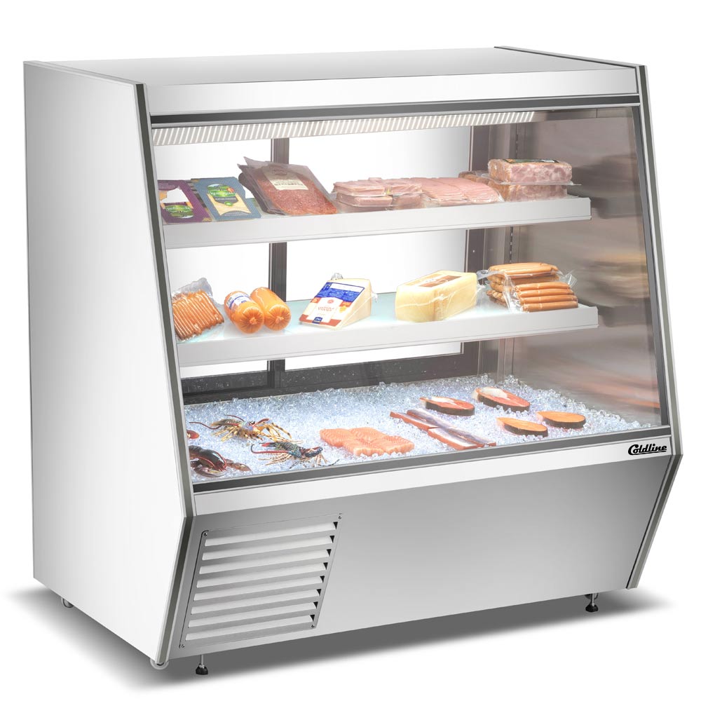 Coldline HDL60-F 60" Refrigerated Slanted Glass Seafood Case with Built-in Drain and Rear Storage