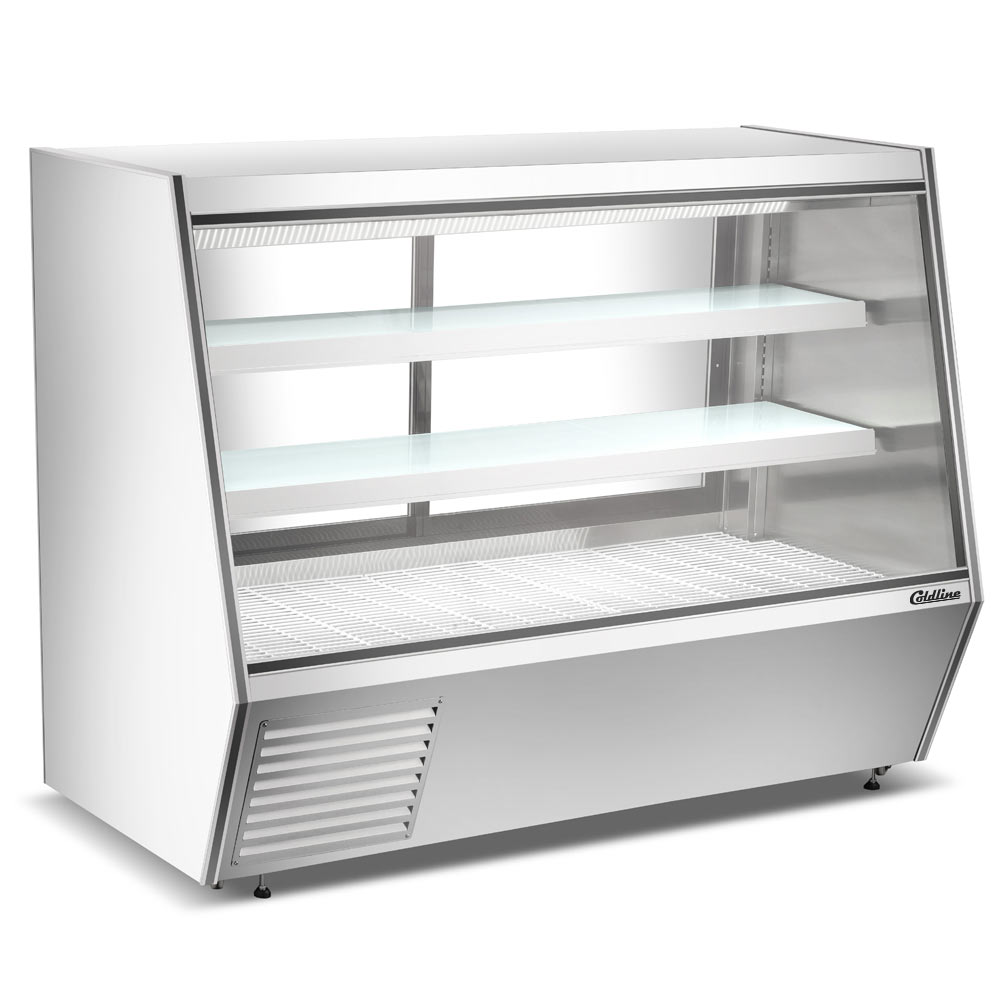 Coldline HDL72-F 72" Refrigerated Slanted Glass Seafood Case with Built-in Drain and Rear Storage