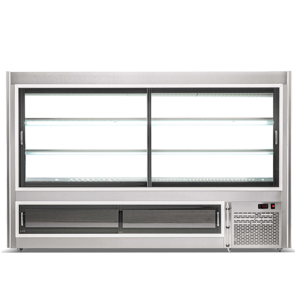 Coldline HDL84-F slanted glass refrigerated seafood display case, rear view with sliding service doors and lower storage compartment