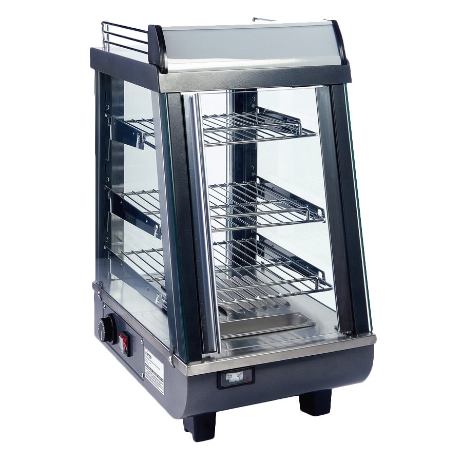 Winco HDM-13 Heated Display, 13.5" Wide, 3 Shelves, 2 Doors, 85-195°F Thermostat, 120V 800W - Set