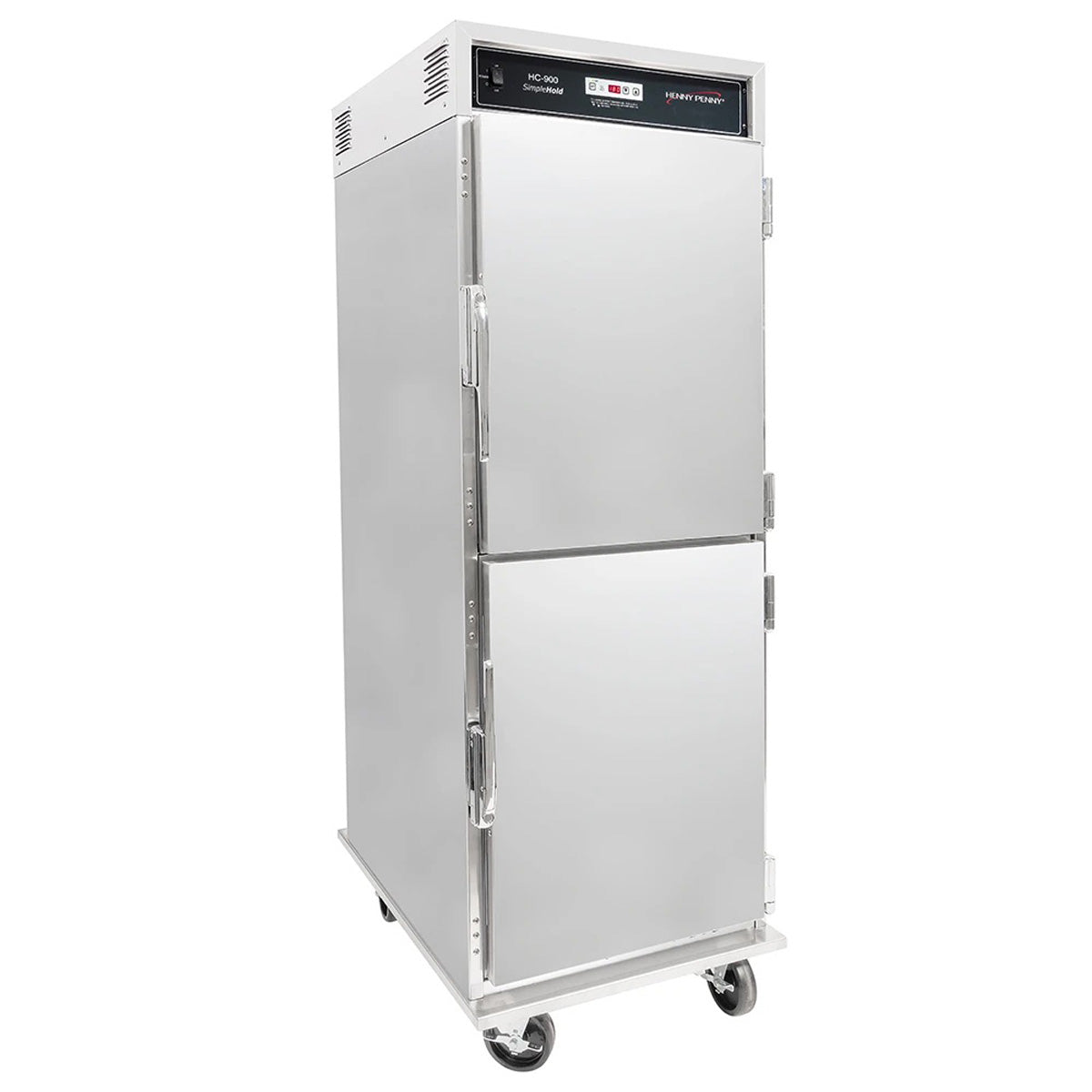 Henny Penny HHC 900 full-size heated holding cabinet, stainless steel half doors, front angle view, doors closed