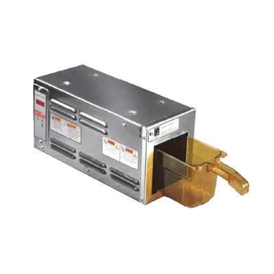 Henny Penny MPC 1L single-drawer modular holding cabinet, stainless steel, drawer pan pulled out, front angle view