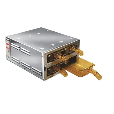 Henny Penny MPC 22 two-tier modular holding cabinet with 4 drawer pans, one pan pulled out, front angle view