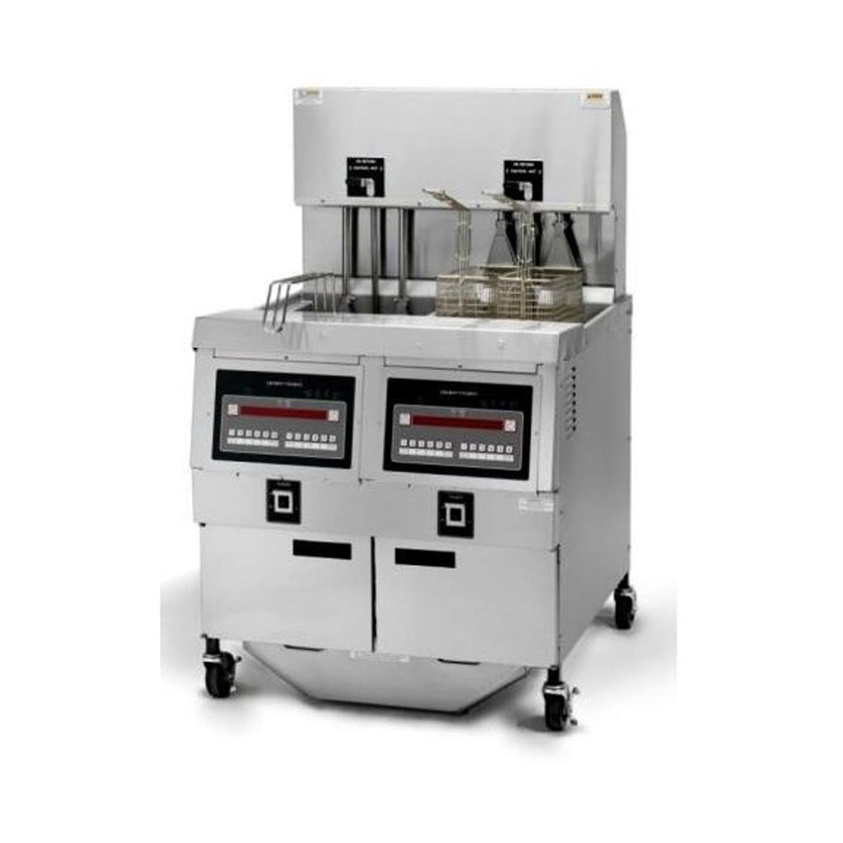 Henny Penny OEA322.03 2-well electric auto lift open fryer with baskets raised, front angle view