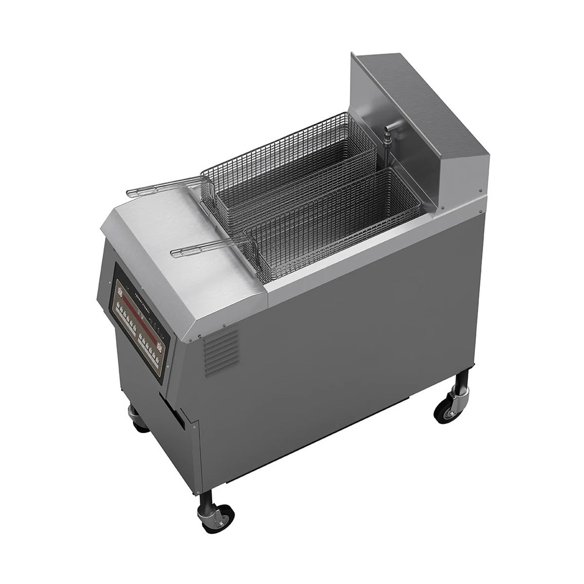 Henny Penny OFE321.03 1-well electric open fryer, side angle view from above showing the fry vat and baskets