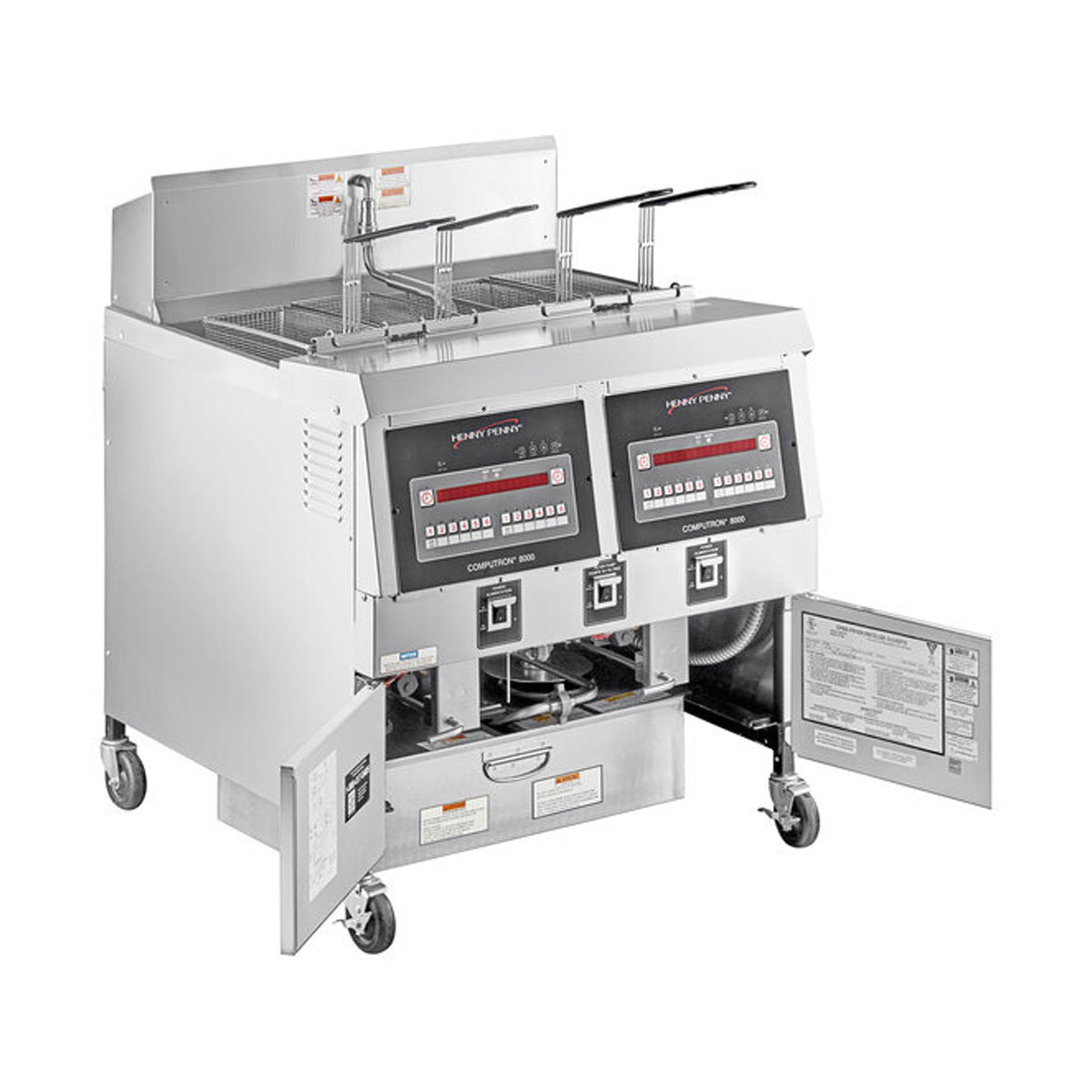 Henny Penny OFG322.06 2-well gas open fryer, front angle view with the doors open