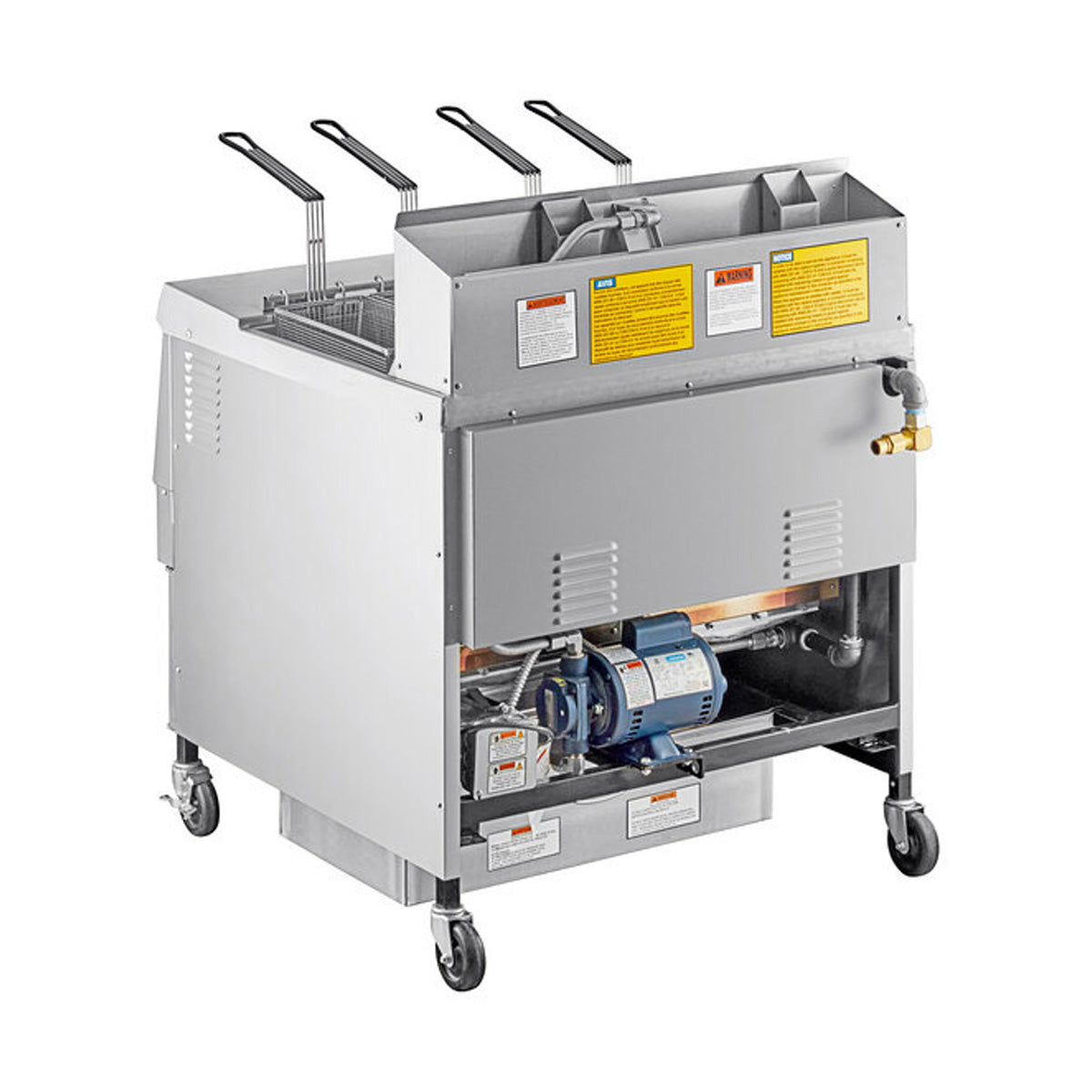 Henny Penny OFG322.06 2-well gas open fryer, rear angle view showing the filter pump