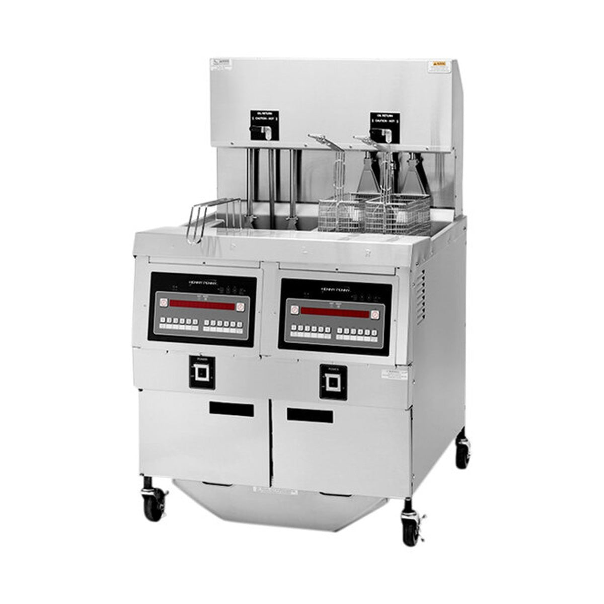 Henny Penny OGA322.05 2-well gas auto lift open fryer with baskets raised, front angle view