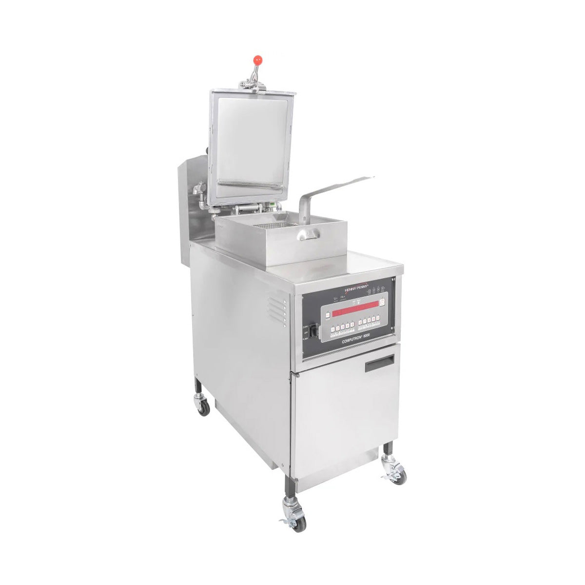 Henny Penny PFG600.03 PFG 600 gas pressure fryer, front three-quarter view, lid raised (representative image, Computron 8000 control shown)
