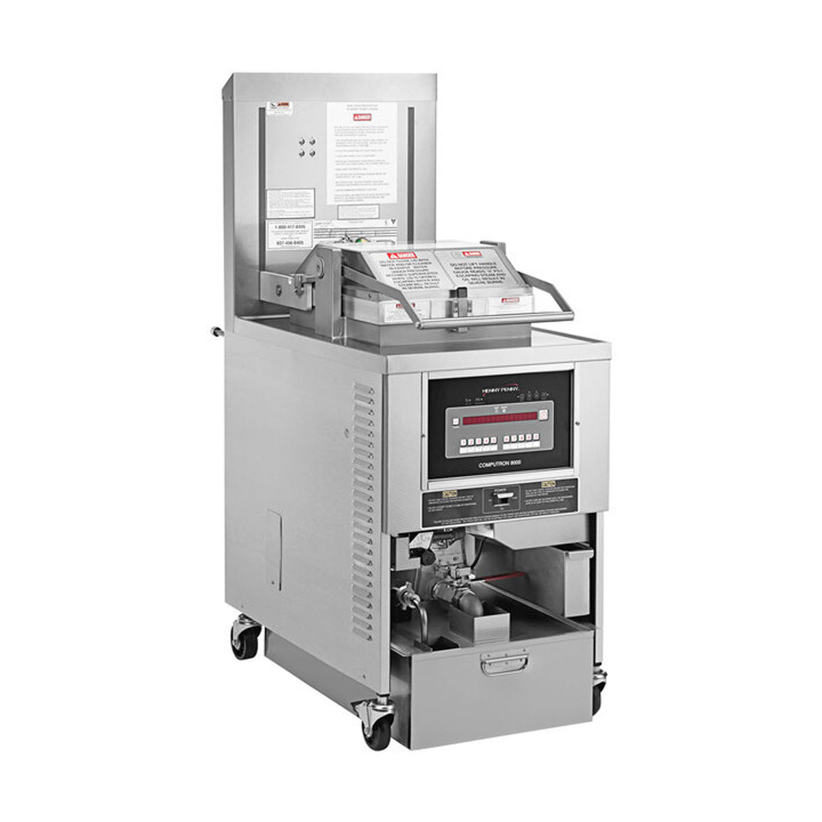 Henny Penny PFG690.09 8-head high-volume gas pressure fryer, front three-quarter view, lid closed, lower cabinet open (representative image)