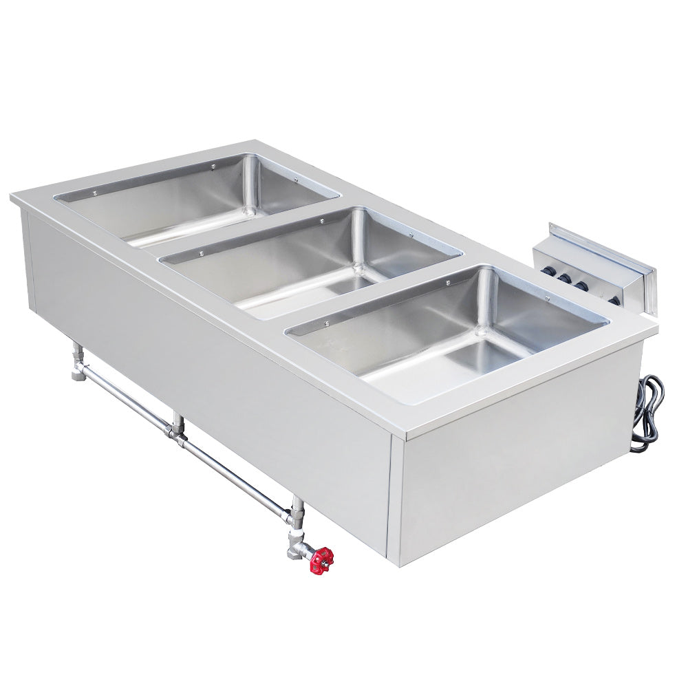 Prepline HFW3 3-pan drop-in hot food well, rear angle view with drain valve and cord
