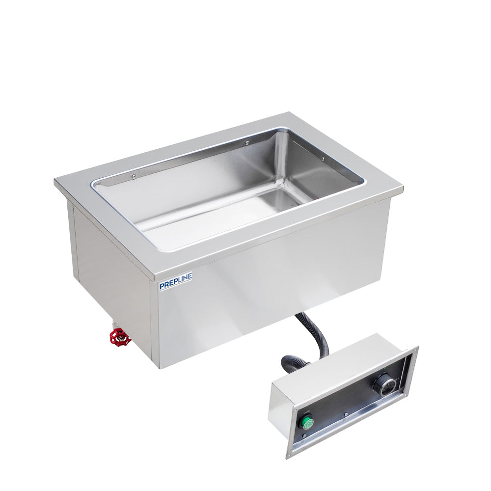 Prepline HFW1 1-pan drop-in hot food well, angled front view with control box