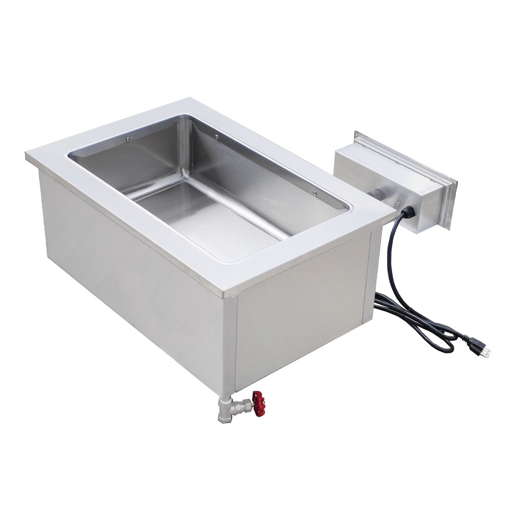 Prepline HFW1 1-pan drop-in hot food well, rear angle view with drain valve and cord