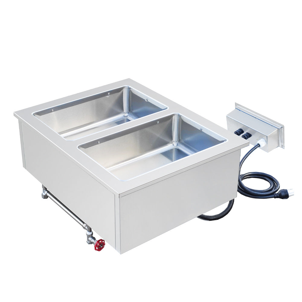 Prepline HFW2 2-pan drop-in hot food well, rear angle view with drain valve and cord