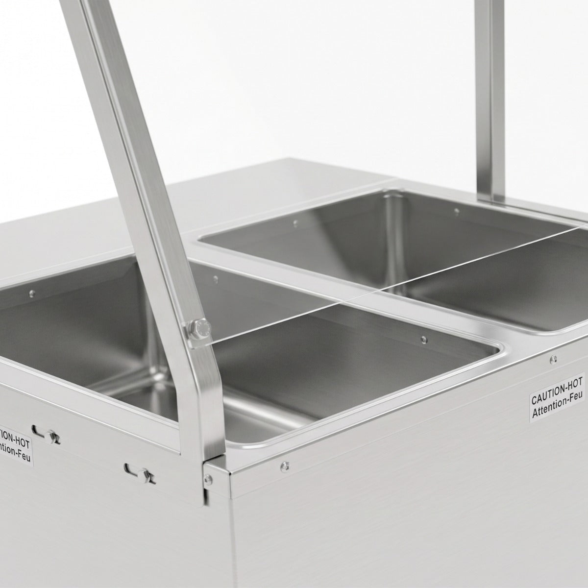 Prepline EST48-3O-SG electric steam table with sneeze guard, sneeze guard frame over the wells, close-up