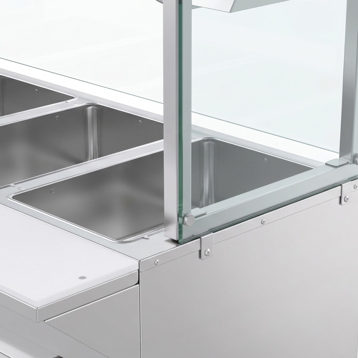 Prepline GST60-4O-LT gas steam table with lighted sneeze guard, sneeze guard glass and wells close-up (representative image)