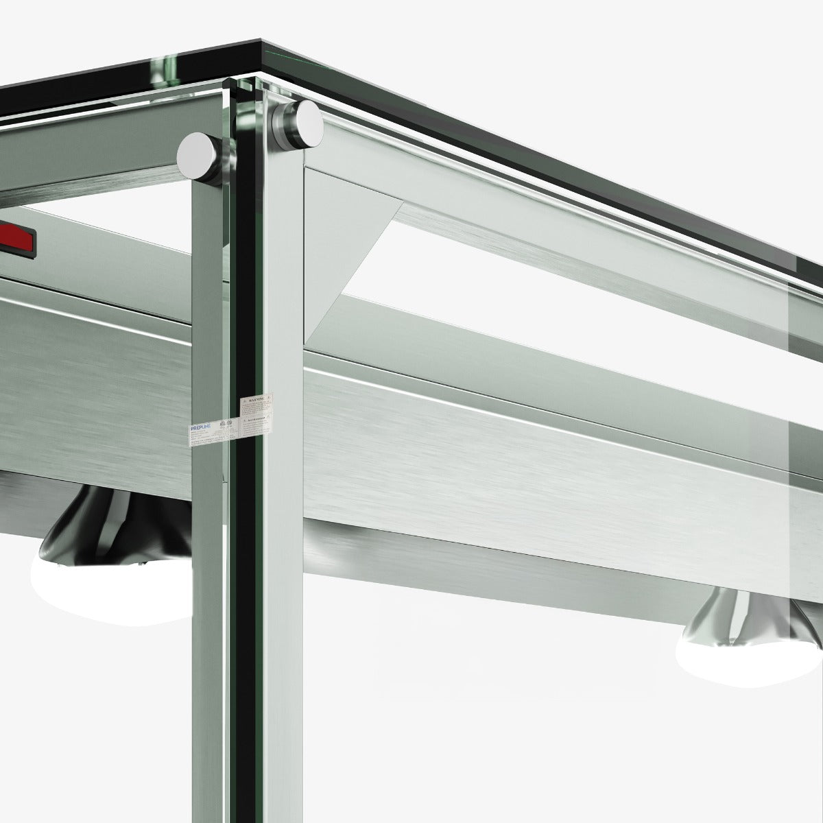 Prepline EST48-3O-LT electric steam table with lighted sneeze guard, sneeze guard glass and stainless frame, close-up
