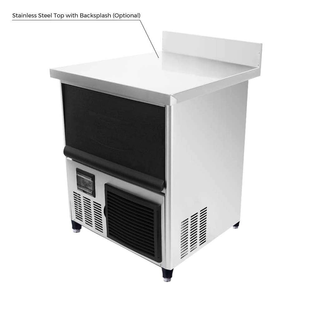 Coldline IWT stainless steel top with backsplash, shown installed on an undercounter ice machine