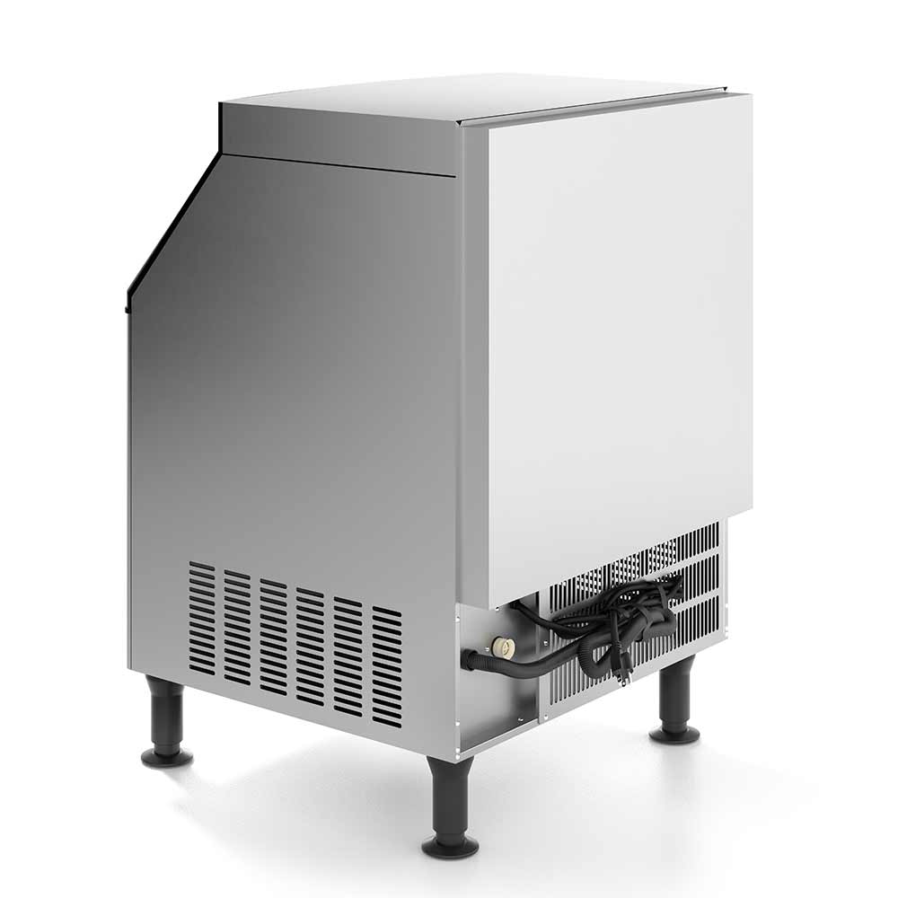 Coldline ICE280 half cube ice machine, rear angle view with water, drain and power connections