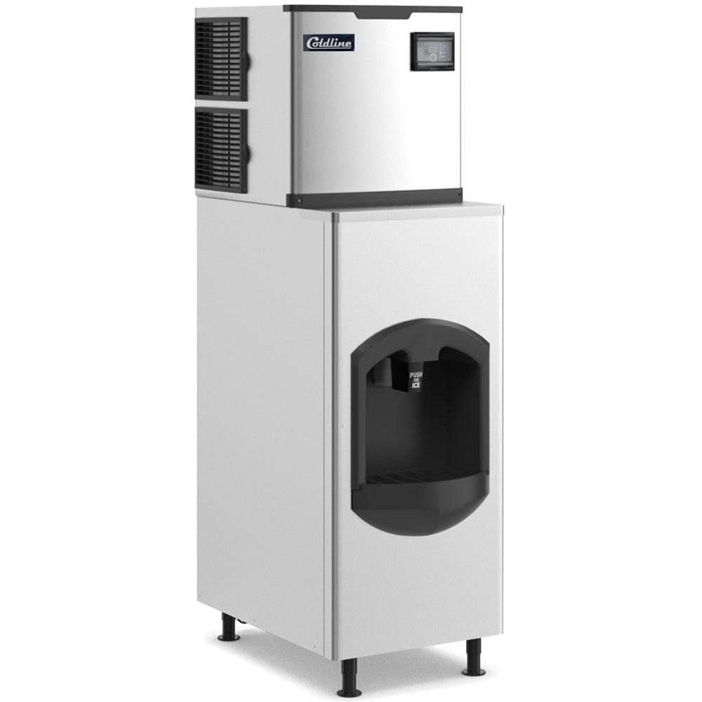 Coldline ICE400-HA-BD150-22 half cube ice machine with dispensing bin, angled front view