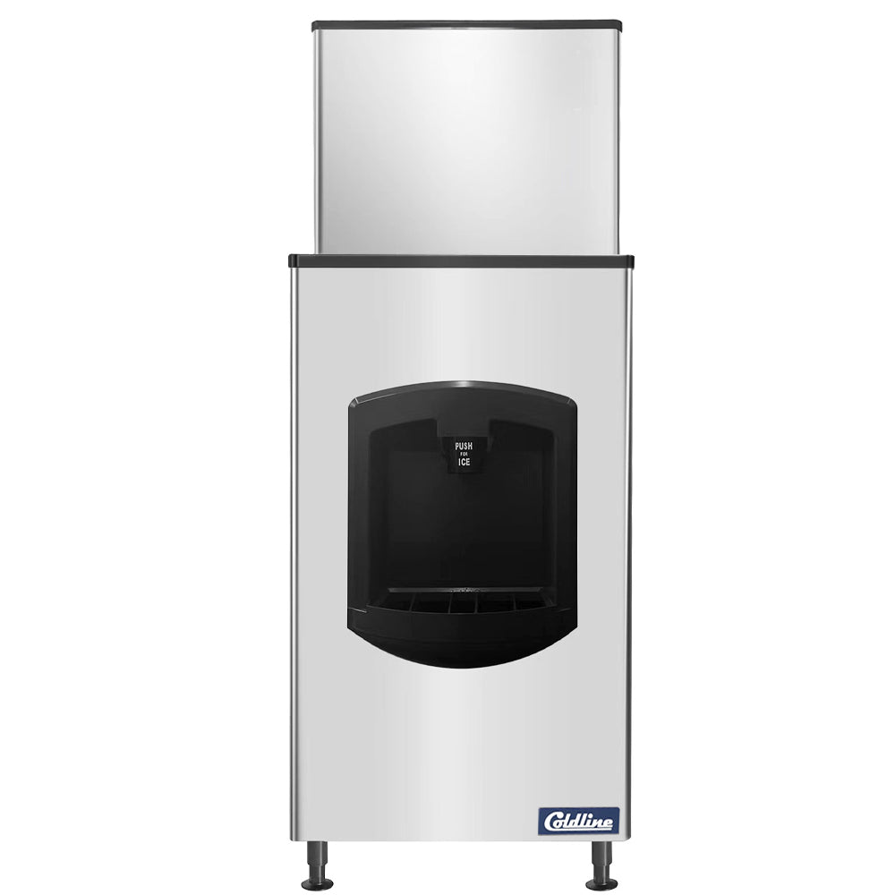 Coldline ICE550-FA-BD250-30 full cube ice machine with dispensing bin, front view