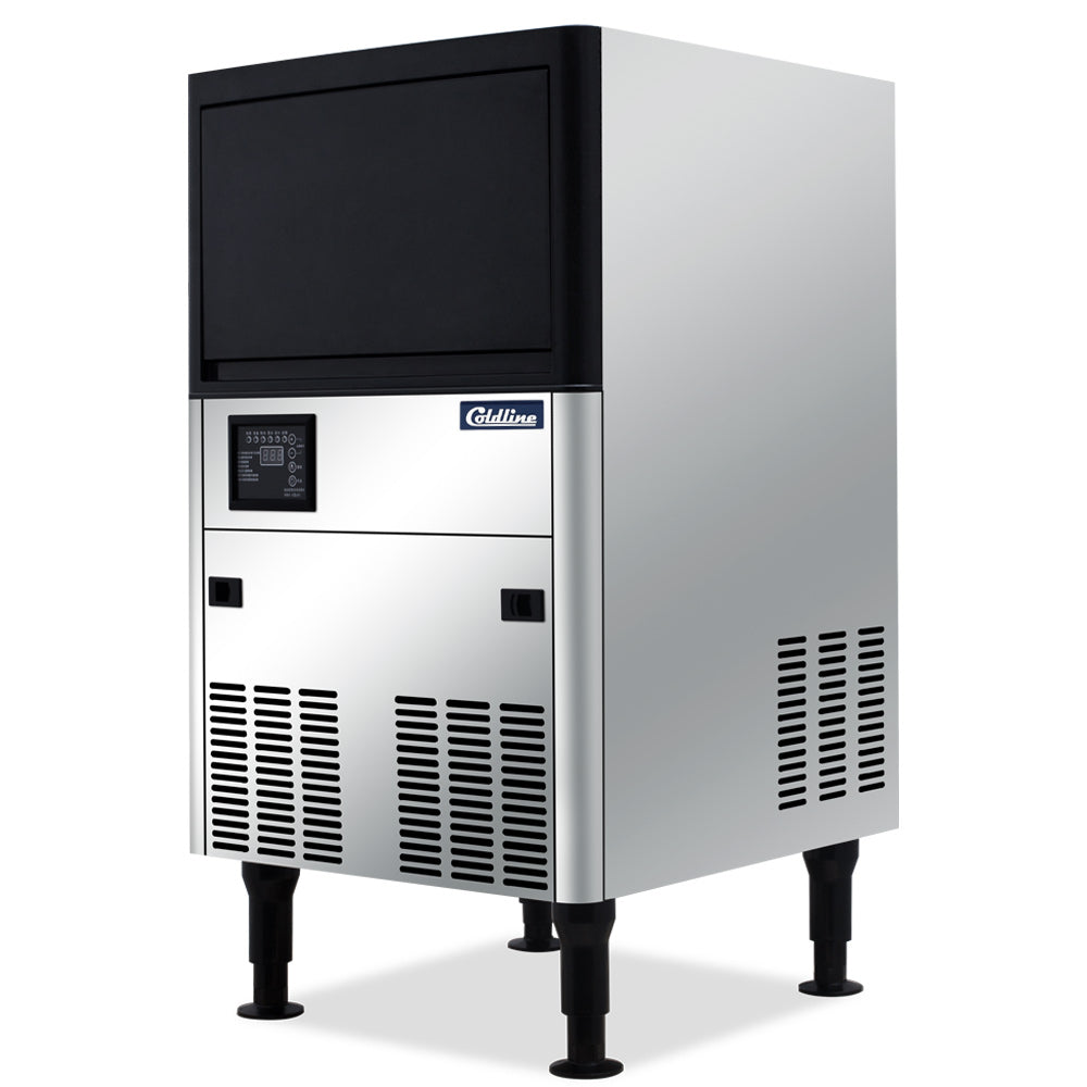 Coldline ICE80 half cube ice machine, angled front view, left side