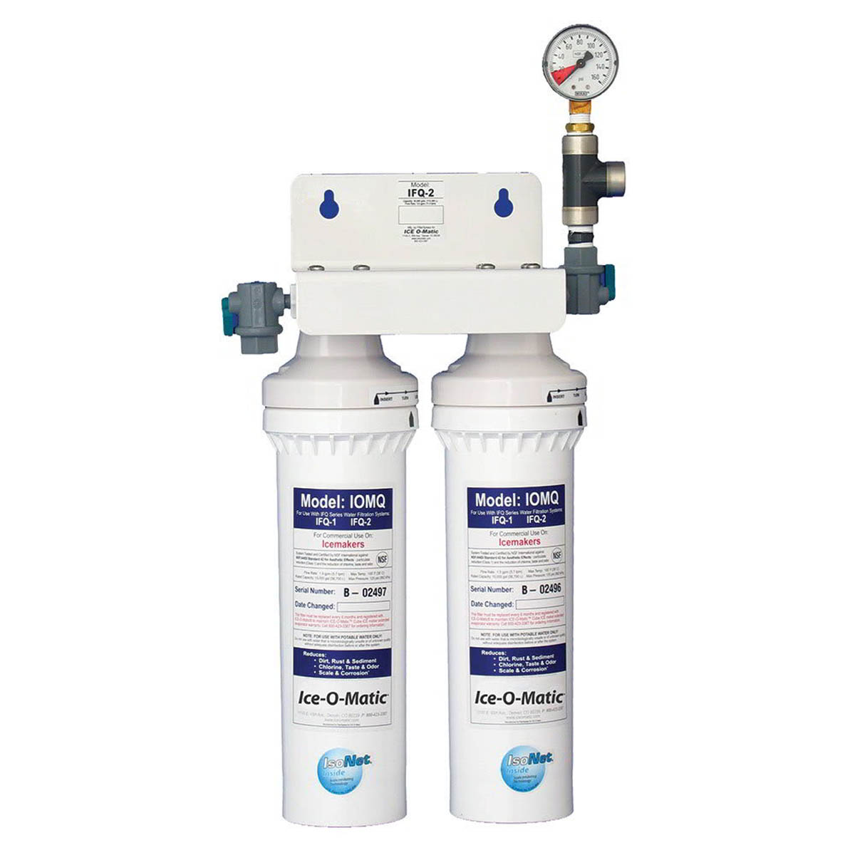 Ice-O-Matic IFQ2-XL water filtration system, wall-mount head with pressure gauge and two cartridges
