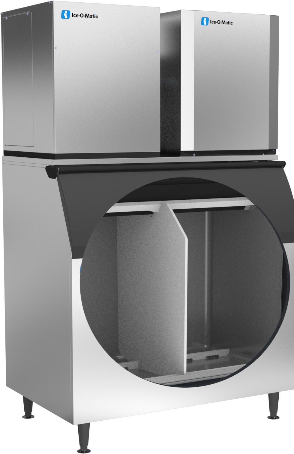 Ice-O-Matic KBD-01 bin divider installed in a B110 bin under two ice machines, cutaway view
